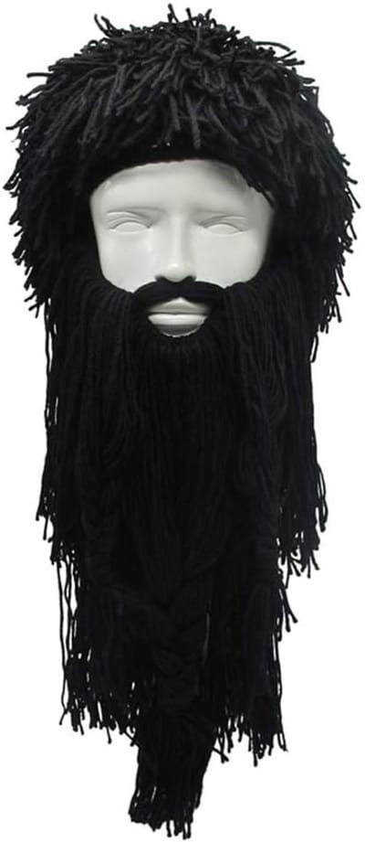 Barbarian Gebreide Lange Baard Hoed voor Volwassenen met Viking Nep Haar en Visor, Zwarte Wolskapel voor Feestjes en Kostuums