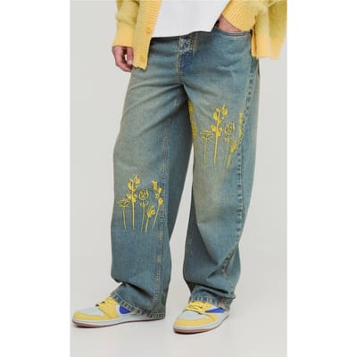 Relaxte Rigid Borduurde Gewassen Denim Jeans | Green | Size 28R