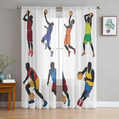 Basketbalspelers Tule Transparante Gordijnen voor Woonkamerdecoratie Gordijn voor de Kamer Slaapkamer Keuken Voile Organza Gordijnen 135W x 114H(cm) white