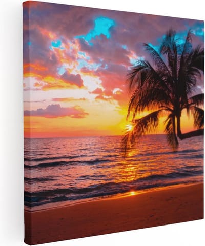 Artaza Canvas Schilderij Zonsondergang Strand - 90x90 cm - Wanddecoratie Zee - Muurdecoratie Palmboom - Schilderijen Op Canvas