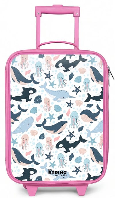 NoBoringSuitcases.com® - Kinderkoffer roze - Kindertrolley meisje - Zeedierenpatroon met walvissen, kwallen en orka's - Koffer kind lichtgewicht - Reiskoffer trolley voor kinderen - Koffertje met lichtgevende wieltjes - Rolkoffer