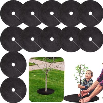 12 stuks - Niet-geweven onkruidring voor bomen - Biologisch afbreekbaar en milieuvriendelijk materiaal - Ademend en vochtinbrengend wortelkussen - Diameter 42 cm - Mat ter bescherming van de wortels van groene planten - Zwart