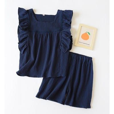 Zomer nieuwe damespyjama korte mouwen shorts tweedelige set 100% katoenen crêpe vest + shorts zoete huiskleding tweedelige set XL