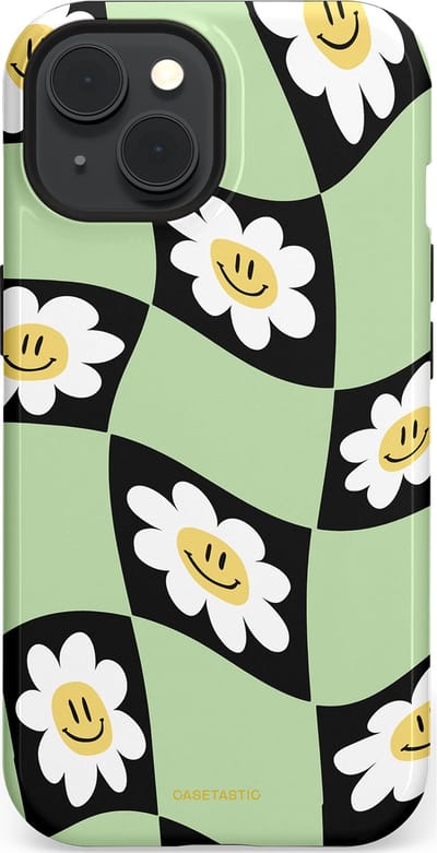 Casetastic hoesje geschikt voor Apple iPhone 15 - MagSafe - Dubbellaagse bescherming - Golvende madeliefjes - Fashion Case - Mintgroen Zwart Wit Beige