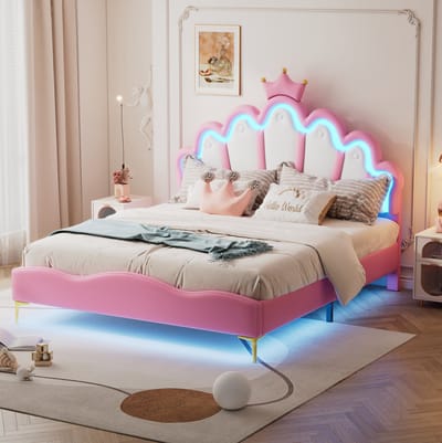 MEUNIQ Tweepersoons bedframe 140x200 cm met kroonvormig hoofdbord, LED-verlichting, lattenbodem en kunstleren bekleding, roze bed voor slaapkamer