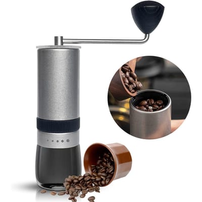 Moulin à café manuel en acier inoxydable CNC, 5 réglages réglables, portable argenté