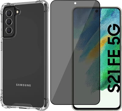 Hoesje geschikt voor Samsung Galaxy S21 FE - Transparant met Screenprotector Set - Privacy Gehard Glas Full Screen Tempered Glass Screen Protector