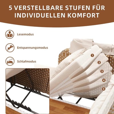 Ligbed 2-Persoons met Zonnedak – abtkantoor Luxe Rattan Zonne-eiland Loungeset met Verstelbare Rugleuning & Bekerhouders – Inclusief 5 cm Kussens – Weerbestendig Tuinbed – Balkon & Terras – Beige