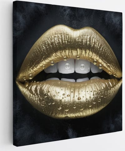 Saammp Canvas Schilderij - Goude Lippen - Abstract - 20x20 - Foto op canvas - Wanddecoratie - Muurdecoratie Woonkamer - Slaapkamer decoratie - Canvas Print