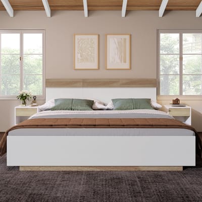 VVBV Houten Bed met Lattenbodem 205x164x90.5 cm - Hoofdbord - Hout Wit/Eiken - Zonder Matras