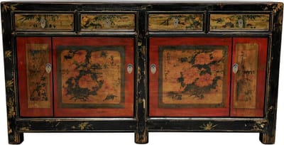 Fine Asianliving Antieke Chinese Dressoir Rood Handgeschilderd Bloemen B164xD40xH81cm Chinese Meubels Oosterse Kast