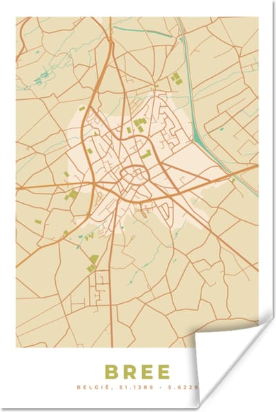 Poster Plattegrond - Kaart - Bree - Vintage - Stadskaart - 120x180 cm XXL