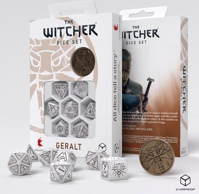 Q-Workshop The Witcher Dice Set - Geralt - De Witte Wolf (7 stuks + munt)