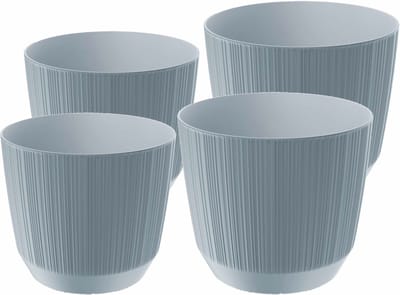 Prosperplast plantenpotten/bloempotten Carf Stripe - steengrijs - 4x stuks - kunststof - Dia 15 en 19 cm