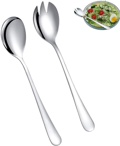 2 stuks - Saladevork - Roestvrijstalen saladelepel - Roestvrijstalen lepel - Fruitvork - Zilver - Roestvrijstalen saladelepel en -vork - Saladebestekset - Geschikt voor dagelijkse salades, desserts en buitenactiviteiten.