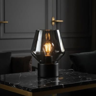 LUSENZ Aureta - Zwarte Tafellamp Smoke glas 20 cm - Dressoir lamp - Tafellamp hotel Chique - Zwart Metaal - E27 fitting - Met aan/uit-schakelaar