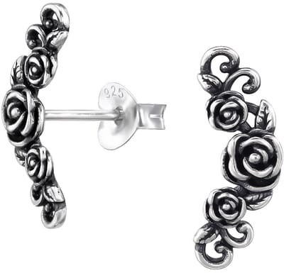 Joy|S - Zilveren Bali bloem roos oorbellen - 3 rozen sierlijk bewerkt met blaadjes - 15 x 6 mm - geoxideerd