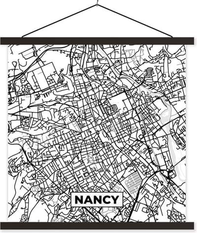 Posterhanger incl. Poster 60x60 cm - Schoolplaat - Stadskaart - Plattegrond - Nancy - Kaart - Frankrijk - Zwart wit - Textielposter - Zwarte latten - Stadskaart