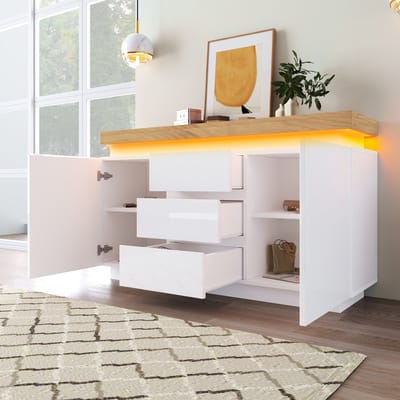 Ladekast 140x39x81 cm - met 3 lades - LED-verlichting - multifunctionele opbergkast - geschikt voor woonkamer en slaapkamer - wit