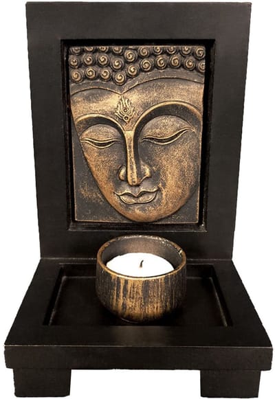 Dailygoods- Theelichtkaarsenhouder Boeddha - Zen Kandelaar - Houten Plankbasis - Meditatie Decor - Spirituele Kamer - MDF/Hars Materiaal - Kaarsenhouder