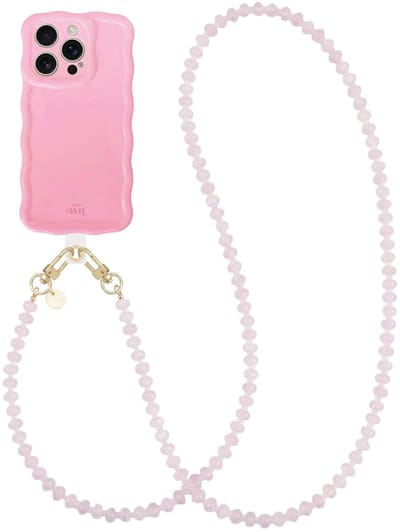 xoxo Wildhearts Glossy Wavy Case Bubble Blush - Dusty Pink (lang koord) - geschikt voor iPhone 16 Pro Max - hoesje met telefoonkoord - afneembaar koord - Kralenketting - lang telefoonkoord - hoesje met golven - Roze