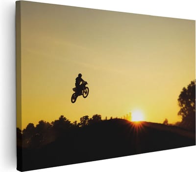 Artaza Canvas Schilderij Motor Sprong - 30x20 cm - Klein - Wanddecoratie Zon - Muurdecoratie Motorcross - Kamer Accessoires Silhouet