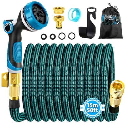PromoHome Flexibele Tuinslang 15 meter - Uitrekbaar, Knikvrij, met 3/4 en 1/2 inch Messing Connectors en 10 Sproeiers