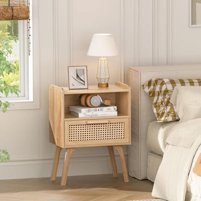 Nachtkastjes Set van 2 - Rotan Nachtkastje Boho - Bijzettafel Hout met Lade & Open Rek - Kleine Bijzettafels voor Slaapkamer & Woonkamer - Kastje met Houten Poten - Retro Vintage Nachtkastjes voor Sofa - Set van Twee Stuks