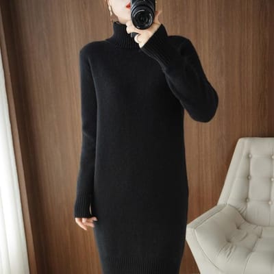 Automne Hiver Pull à Col Haut Pull en Laine pour Femme Section Longue Robe en Cachemire Sac Hanche Fente Lâche Lâche Épais Haut XXL noir