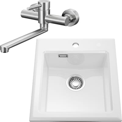 CECIPA Max Spoelbak Met Kraangat 45x50CM - Keramische Spoelbak Keuken - Spoelbakken Keuken Met Keukenkraan Met Uittrekbare Uitloop - Wasbak Keuken - Wit