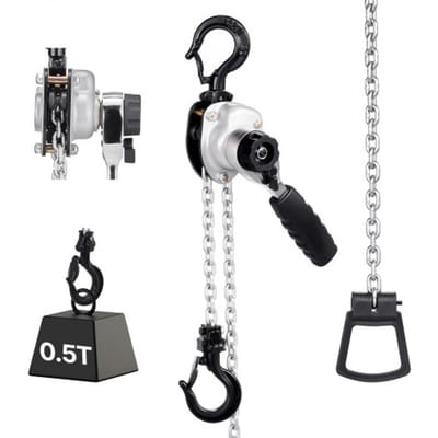 VEVOR Mini Hefboomtakel, 1/2T Capaciteit, Handkettingtakel, Hefvermogen 3 m, G80 Stalen Legering Ketting met Mechanische Dubbele Palrem, Kettingtakel met 360° Draaibare Haken, voor Magazijn, Bouw, Garage