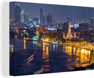Canvas Schilderij Skyline van Bangkok met de Wat Pho - 30x20 cm - Wanddecoratie