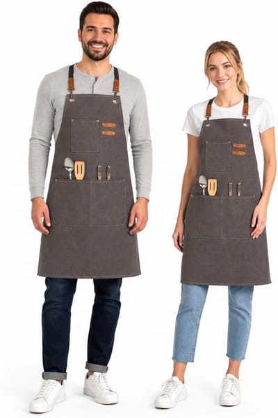 canvas schort 68 x 85 cm met verstelbare schouderriem, keukenschorten met 3 zakken, damesschort, herenschort voor tuinieren, restaurant, barbecue, Grijs, XXL