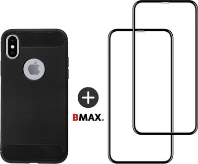 BMAX Telefoonhoesje geschikt voor iPhone X - Carbon softcase hoesje zwart - Met 2 screenprotectors full cover