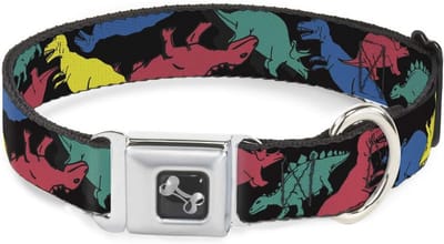 Zwarte Meerkleurige Dinosaurus Hondenhalsband - Grote Maat (38,1-66 cm)