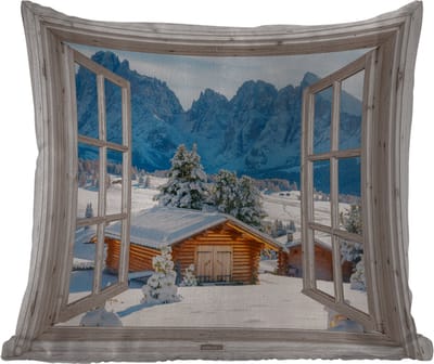 Buitenkussen - Winterlandschap - Huisje - Bergen - Uitzicht - Doorkijk - Natuur - 45x45 cm - Weerbestendig