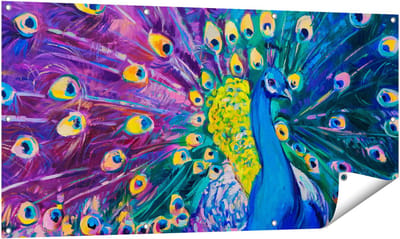 Gards Tuinposter Pauw met Kleurrijke Veren van Olieverf - Abstract - 140x70 cm - Tuindoek - Tuindecoratie - Wanddecoratie buiten - Tuinschilderij