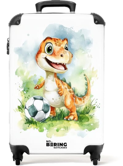 NoBoringSuitcases.com® - Kinderkoffer jongen - Kindertrolley jongens - Dino met voetbal in kleurrijk veld - Handbagage koffer lichtgewicht - Reiskoffer trolley kinderen - Rolkoffer met wieltjes - Past binnen 55x40x20 en 55x35x25