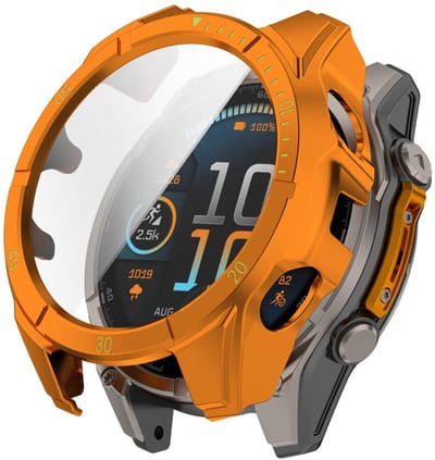 Screenprotector case - geschikt voor Garmin Tactix 8 AMOLED 47mm - full cover hoesje - gehard glas - 47 mm - volledige bescherming - oranje