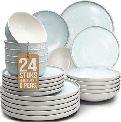 Pure Living Ibiza Light 24-Delig Serviesset - Beigeblauw - Massief Aardewerk - 6 Personen - Geschikt Voor Dagelijks Gebruik