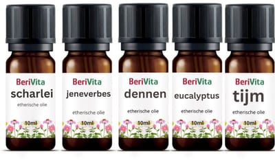 Luchtwegen Olie 5x10ml Etherische Olie Set - Tijmolie 10ml, Eucalyptusolie 10ml, Dennenolie 10ml, Jeneverbesolie 10ml en Scharlei Olie 10ml - Essentiële Olie Set
