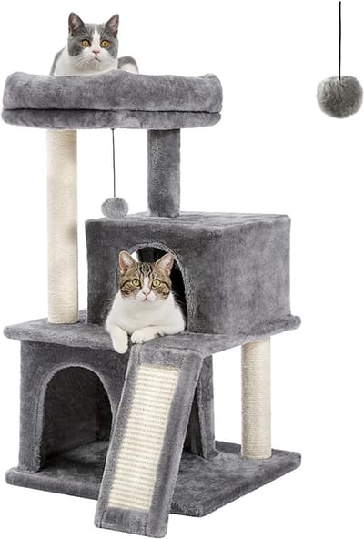 VIN® Krabpaal Voor Zware Katten – Grote & Stevige Krabpaal - Krabpaal Voor Grote Katten - Kat Toren – Krabton – Hoge Krabpaal 90 cm - XXL - Katten Verblijf Met 2 Huisjes – Krabtoren - Grijs