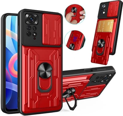 Hoesje Geschikt voor Xiaomi Poco X4 Pro hoesje met kickstand Rood - Poco X4 Pro 5G camera lens screen protector - hoesje Poco X4 Pro met pasjeshouder ring case