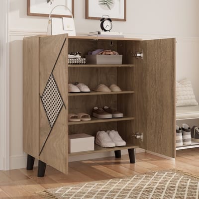 PHOEBE CAT Schoenenkast - Halmeubel - Rieten decoratief patroon - Houtnerf - Opbergplanken - Bruin