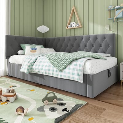 Fluwelen bed - slaapbank 90x190 cm - met opbergruimte - kinderbed - grijs - zonder matras