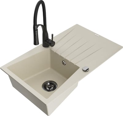 Mexen Cesar granieten spoelbak met 1 bak en afdruiprek en keukenmengkraan Aster, beige - 6514-69-73450-70-B