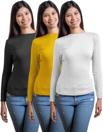 Set van 3 Basic T-shirts met Lange Mouwen - Effen Kleuren - Ronde Hals - Stretchy Lycra - Casual Stijl