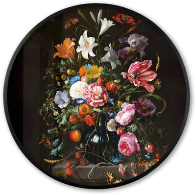 Poster in lijst Rond - Fotolijst 60x60 cm - Posters - Oude meesters - Kunst - Vaas met bloemen - Jan Davidsz de Heem - Ronde posterlijst zwart - Decoratie - Wanddecoratie woonkamer - Muurdecoratie slaapkamer