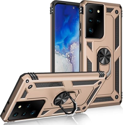 HB Hoesje Geschikt voor Samsung Galaxy S21 Ultra Goud - Anti-Shock Hybrid Armor Back Cover - Hoes met Kickstand Ring