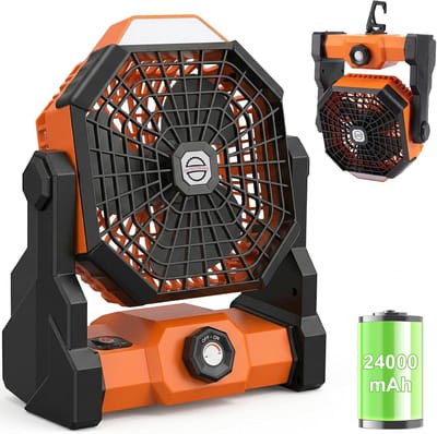 YAGXIG buitenventilator - oplaadbaar - campingventilator en LED-licht - 8 inch draagbare ventilatorriem - werkt op batterijen - buitententventilator, essentieel kampeeraccessoire - oranje